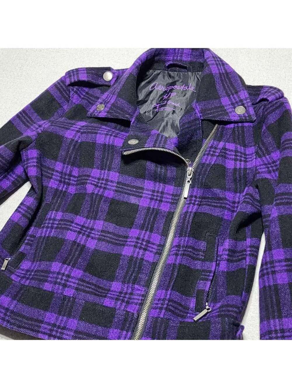 Y2K Emo Scene Vintage Women's S Aeropostale Purple Black Plaid Moto Jacket